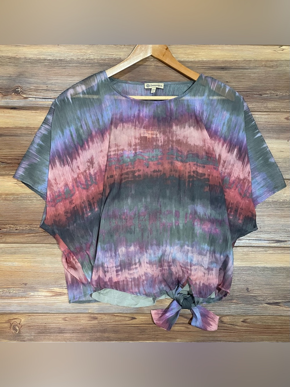 Democracy Flowing Blouse & Cami Top Green Purple Front Tie Petite Medium Size PM